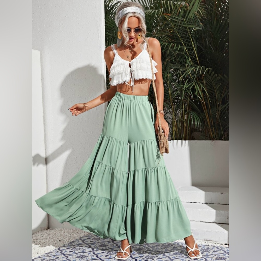 Frenchy Elastic Waist Tiered Hem Wide Leg Palazzo Pants